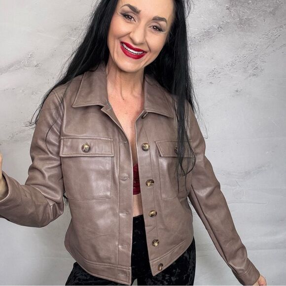 Brown Leather Jacket with Cropped Style and Sleek Silhouette - Picture 1 of 4